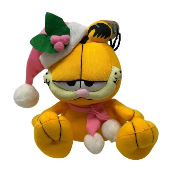 Garfield Pink Christmas Holiday Plush Toy With Santa Hat & Scarf Window Cling - Picture 11 of 16